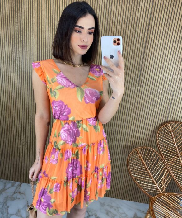 Vestido Curto sem Bojo Manga Curta Estampa Floral Fundo Laranja - Fernanda Ramos Store