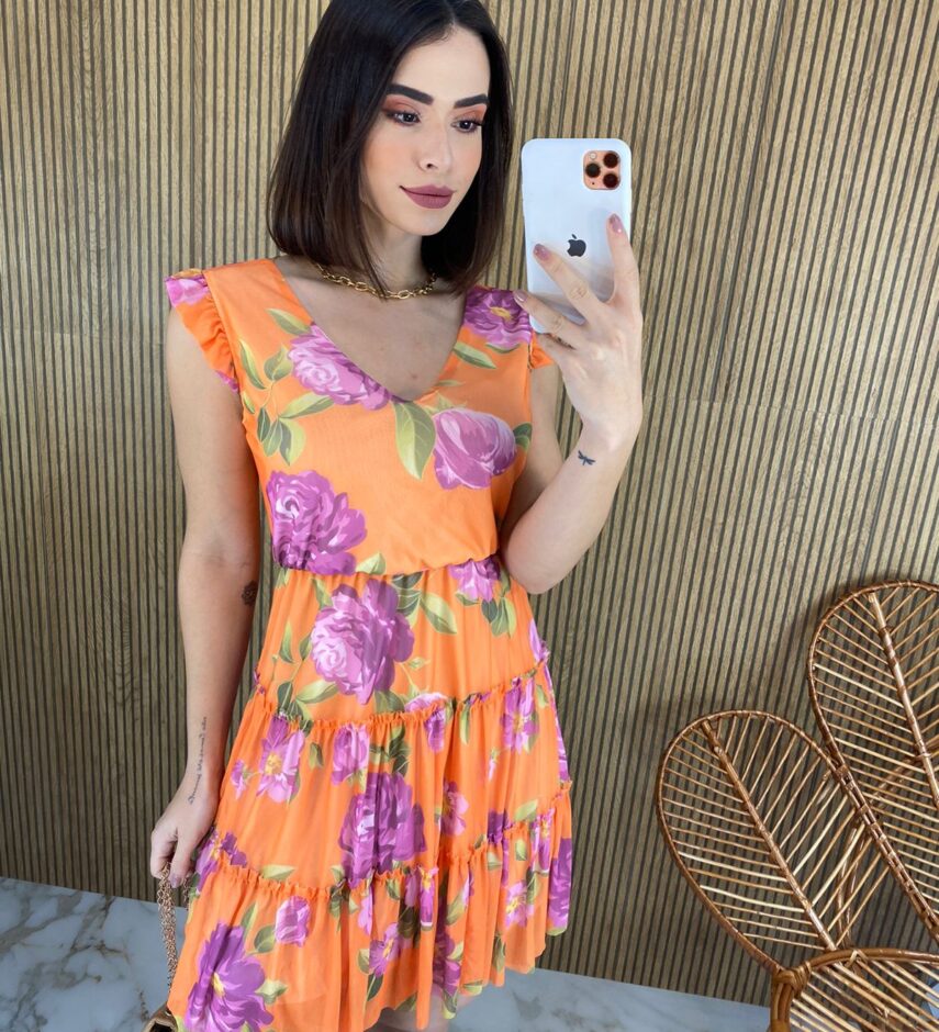 Vestido Curto sem Bojo Manga Curta Estampa Floral Fundo Laranja - Fernanda Ramos Store