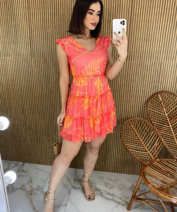 Vestido Curto sem Bojo Manga Curta Laranja Pérola - Fernanda Ramos Store