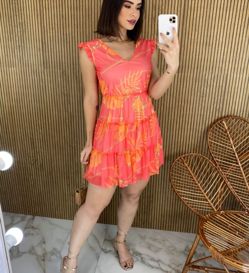 Vestido Curto sem Bojo Manga Curta Laranja Pérola - Fernanda Ramos Store