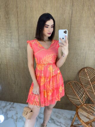 Vestido Curto sem Bojo Manga Curta Laranja Pérola - Fernanda Ramos Store