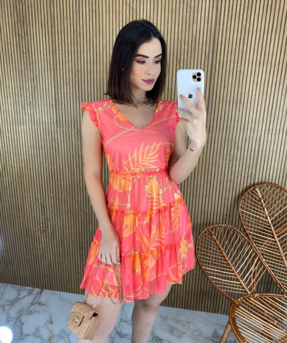 Vestido Curto sem Bojo Manga Curta Laranja Pérola - Fernanda Ramos Store