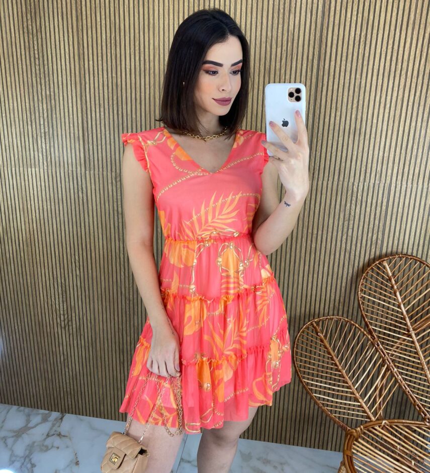 Vestido Curto sem Bojo Manga Curta Laranja Pérola - Fernanda Ramos Store