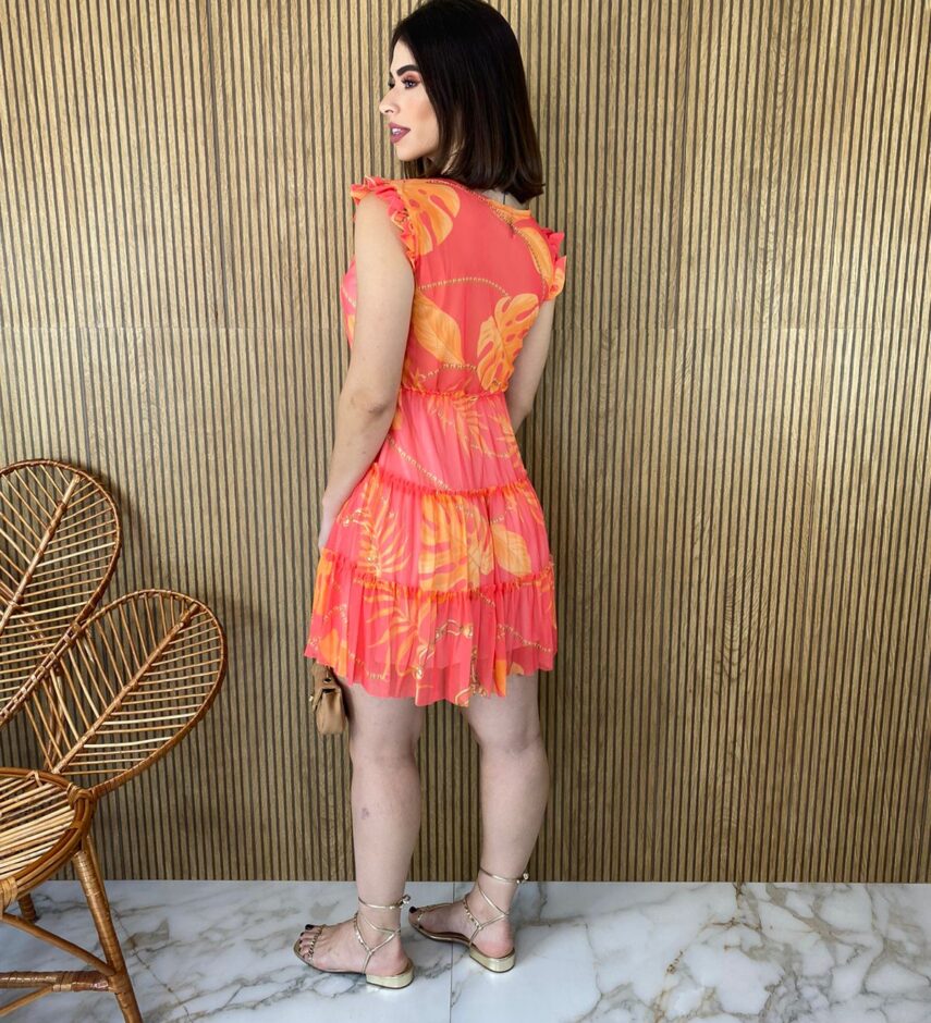 Vestido Curto sem Bojo Manga Curta Laranja Pérola - Fernanda Ramos Store