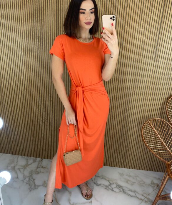 fernandaramosstore com br vestido midi de malha manga curta com amarracao laranja 2