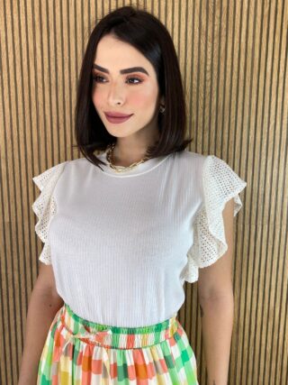 Blusa Feminina Canelada Detalhe na Manga Off White - Fernanda Ramos Store