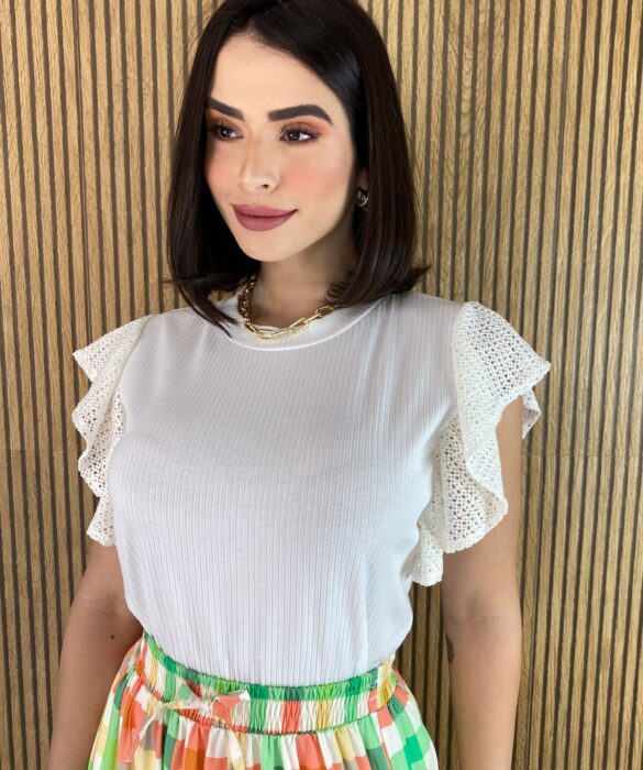 Blusa Feminina Canelada Detalhe na Manga Off White - Fernanda Ramos Store