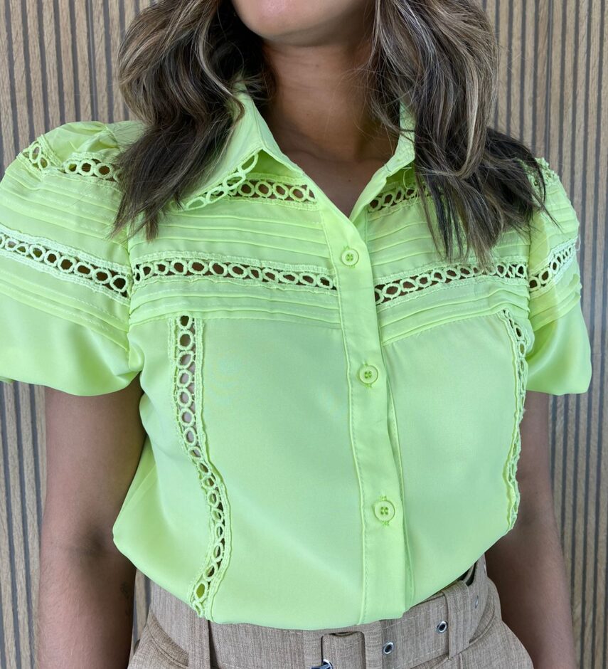 Blusa Feminina Social Manga Curta com Botões Verde Lima - Fernanda Ramos Store