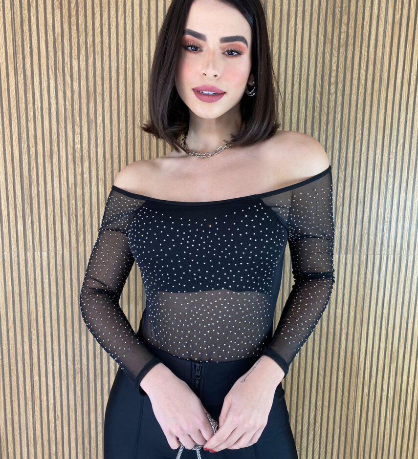 Body Feminino Manga Longa com Bojo Preto Detalhe em Aplicações - Fernanda Ramos Store