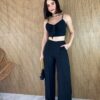 Conjunto Calça Pantalona e Cropped com Bojo e Amarração Preto - Fernanda Ramos Store