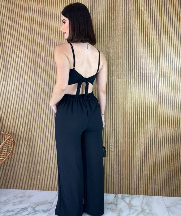 Conjunto Calça Pantalona e Cropped com Bojo e Amarração Preto - Fernanda Ramos Store