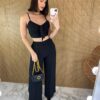 Conjunto Calça Pantalona e Cropped com Bojo e Amarração Preto - Fernanda Ramos Store