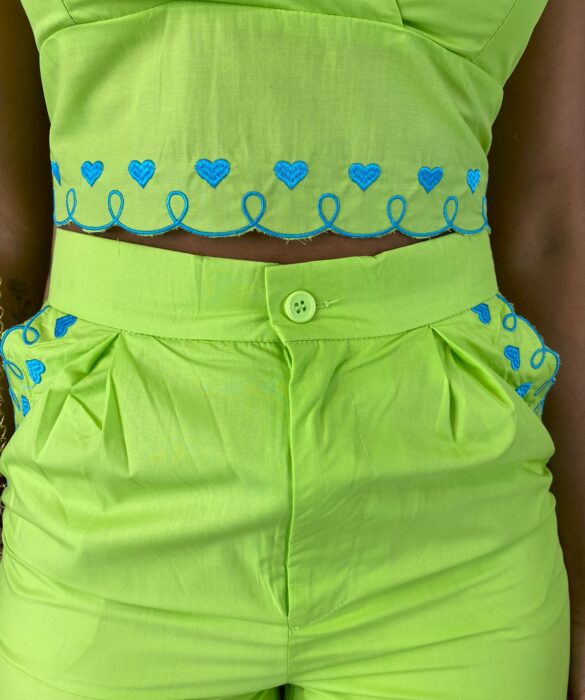 Conjunto Feminino Cropped sem Bojo e Calça Coração Verde Lima - Fernanda Ramos Store