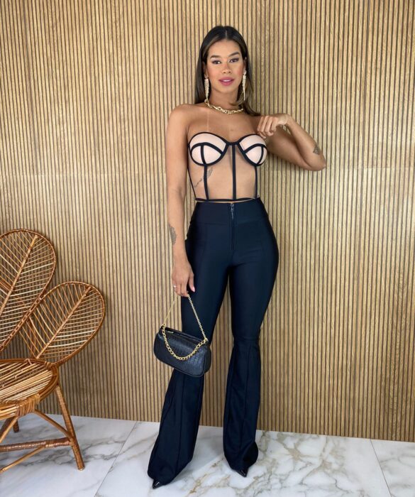 Cropped Corset com Bojo Bege e Preto - Fernanda Ramos Store