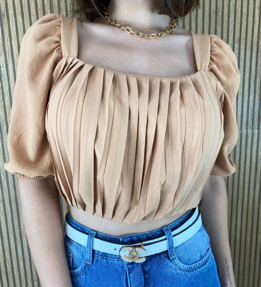 Cropped Feminino com Bojo Franzido e Amarração Bege - Fernanda Ramos Store