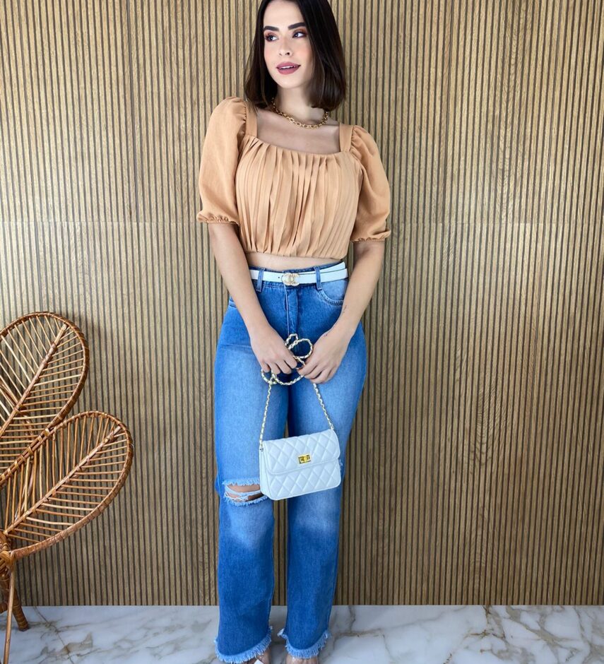 Cropped Feminino com Bojo Franzido e Amarração Bege - Fernanda Ramos Store