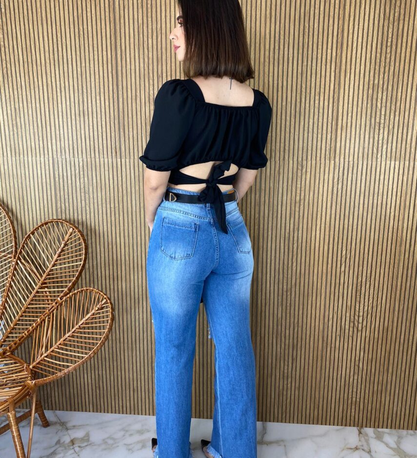 Cropped Feminino com Bojo Franzido e Amarração Preto - Fernanda Ramos Store