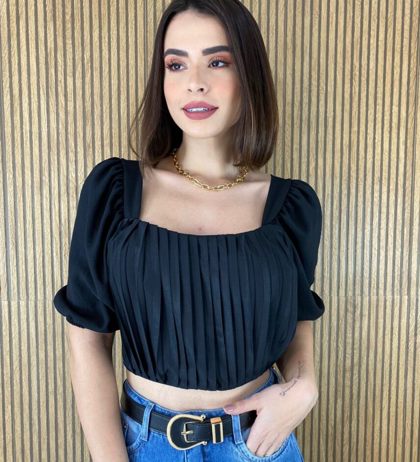 Cropped Feminino com Bojo Franzido e Amarração Preto - Fernanda Ramos Store