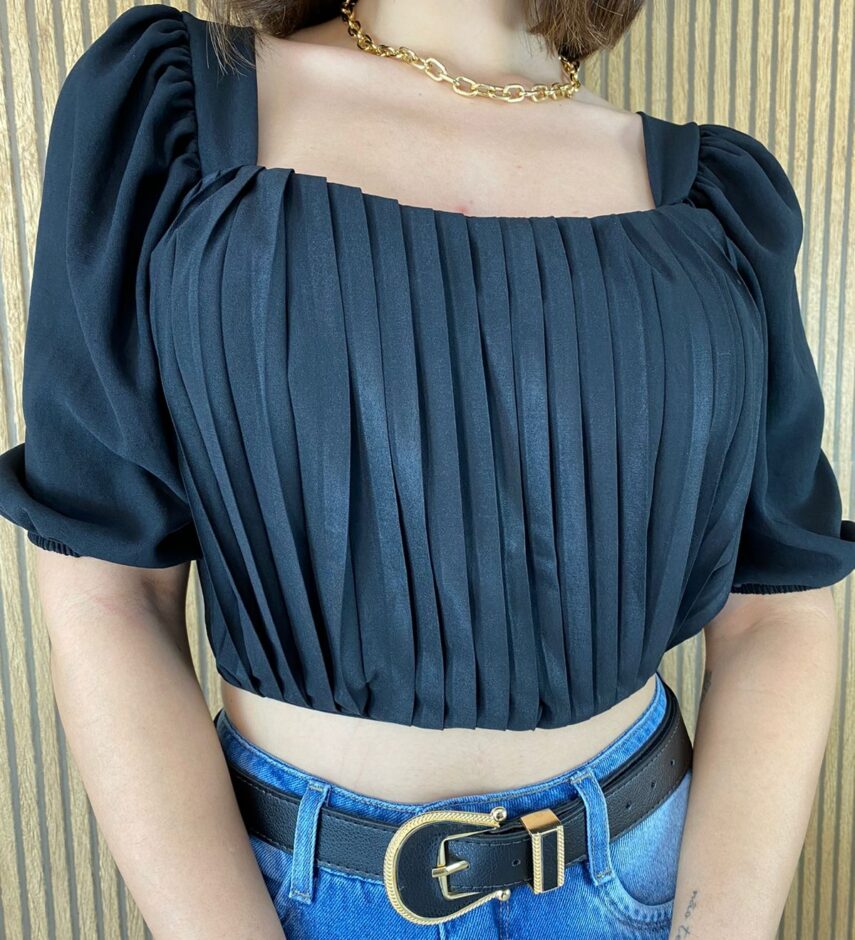 Cropped Feminino com Bojo Franzido e Amarração Preto - Fernanda Ramos Store