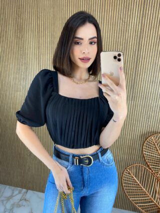 Cropped Feminino com Bojo Franzido e Amarração Preto - Fernanda Ramos Store