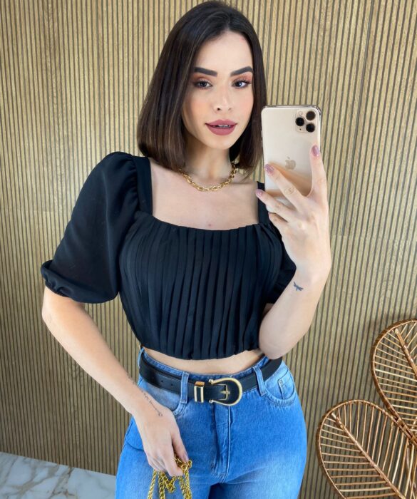 Cropped Feminino com Bojo Franzido e Amarração Preto - Fernanda Ramos Store