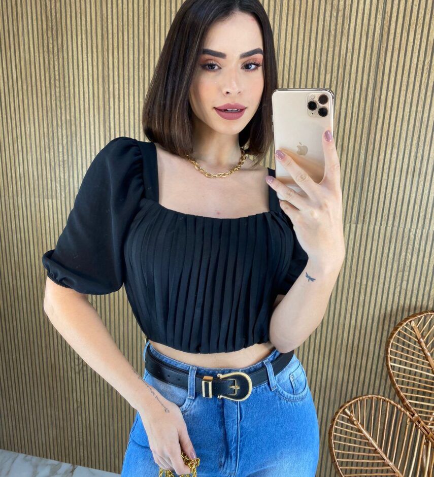 Cropped Feminino com Bojo Franzido e Amarração Preto - Fernanda Ramos Store