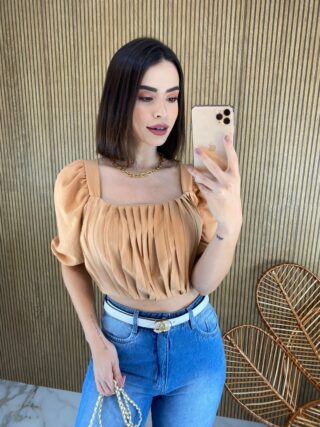 Cropped Feminino com Bojo Franzido e Amarração Bege - Fernanda Ramos Store