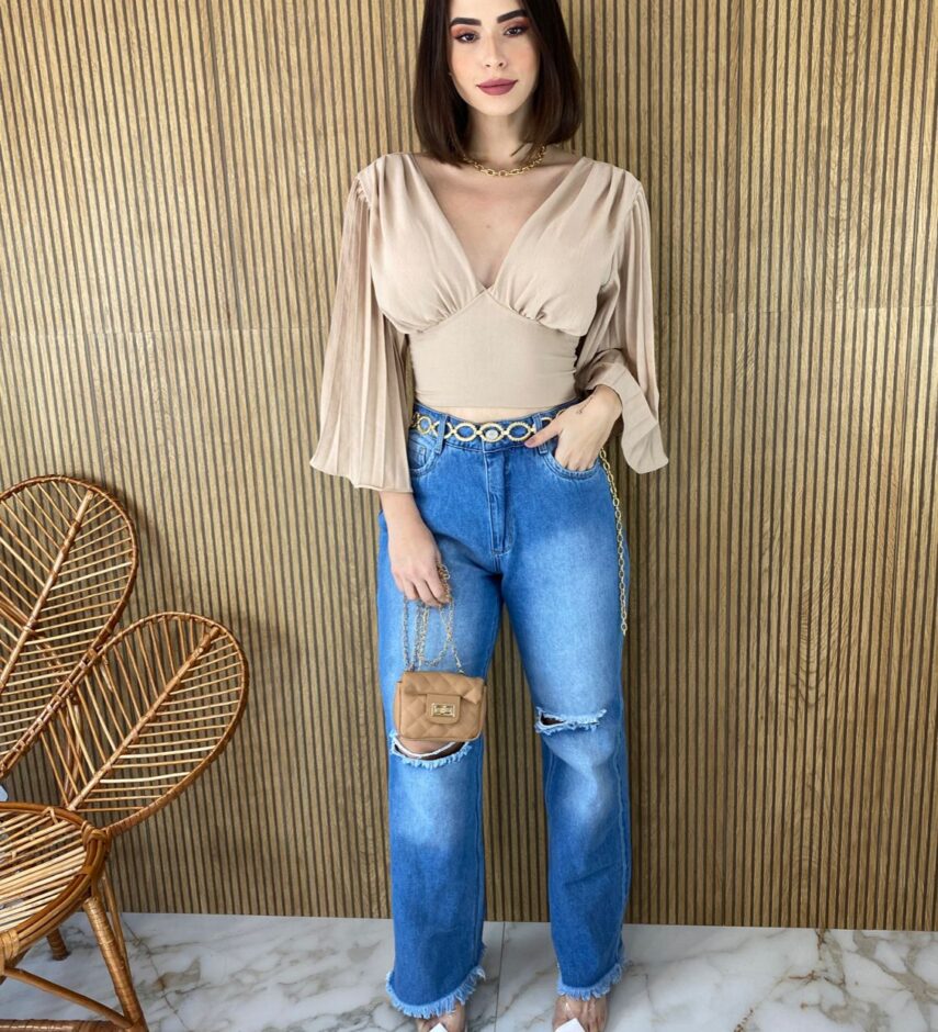 Cropped Feminino com Bojo Manga Plissada Bege - Fernanda Ramos Store