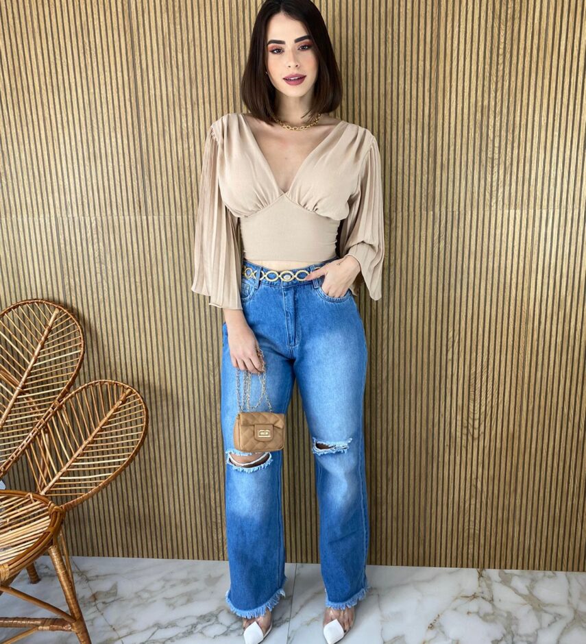 Cropped Feminino com Bojo Manga Plissada Bege - Fernanda Ramos Store