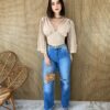 Cropped Feminino com Bojo Manga Plissada Bege - Fernanda Ramos Store