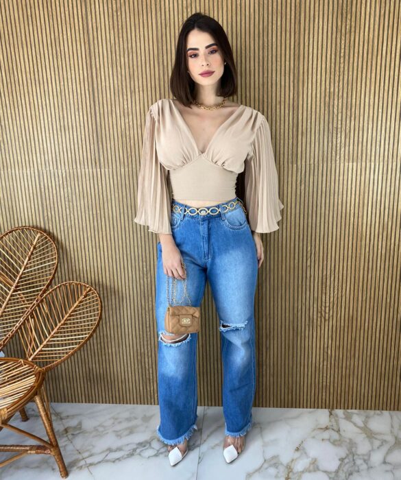 Cropped Feminino com Bojo Manga Plissada Bege - Fernanda Ramos Store