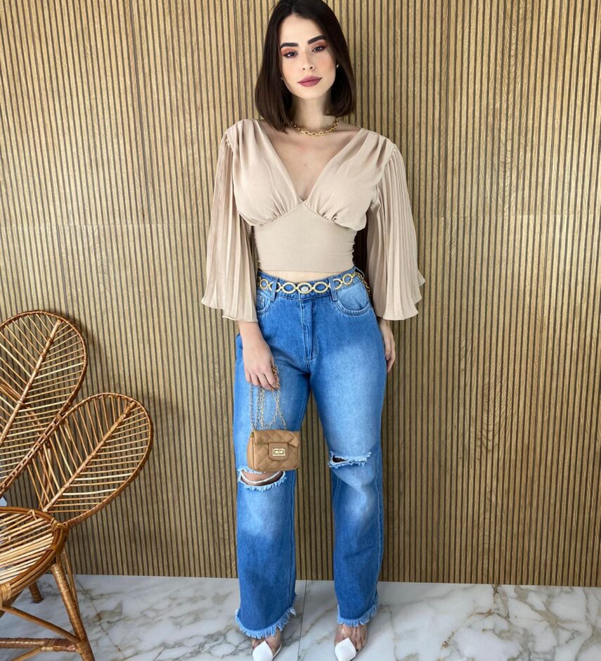 Cropped Feminino com Bojo Manga Plissada Bege - Fernanda Ramos Store