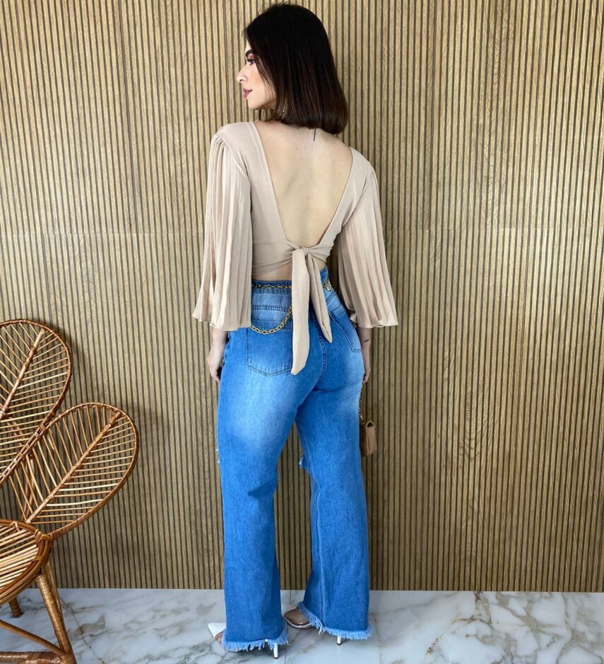 Cropped Feminino com Bojo Manga Plissada Bege - Fernanda Ramos Store