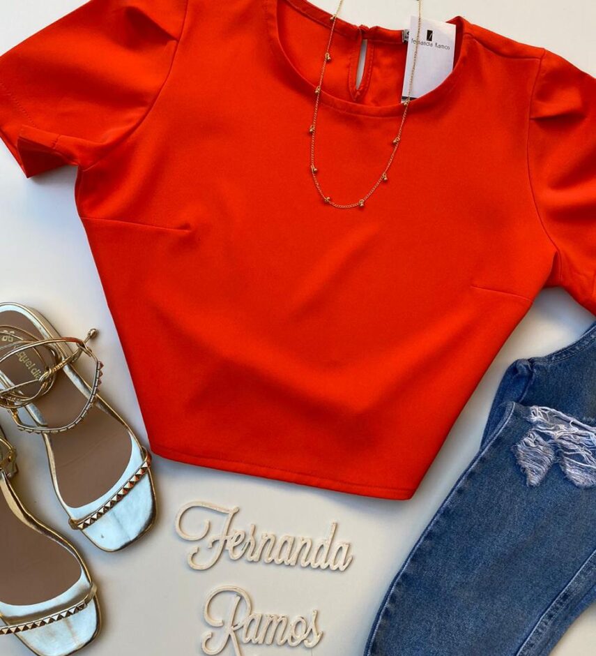 Cropped Feminino sem Bojo Manga Curta Botão Atrás Coral - Fernanda Ramos Store