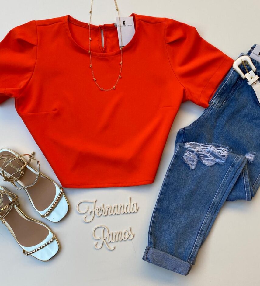 Cropped Feminino sem Bojo Manga Curta Botão Atrás Coral - Fernanda Ramos Store