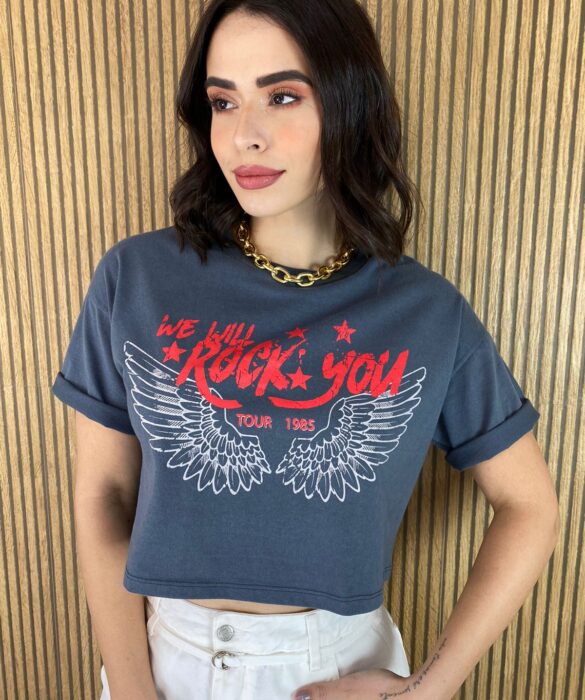 Cropped Feminino sem Bojo Rock You Cinza Escuro - Fernanda Ramos Store