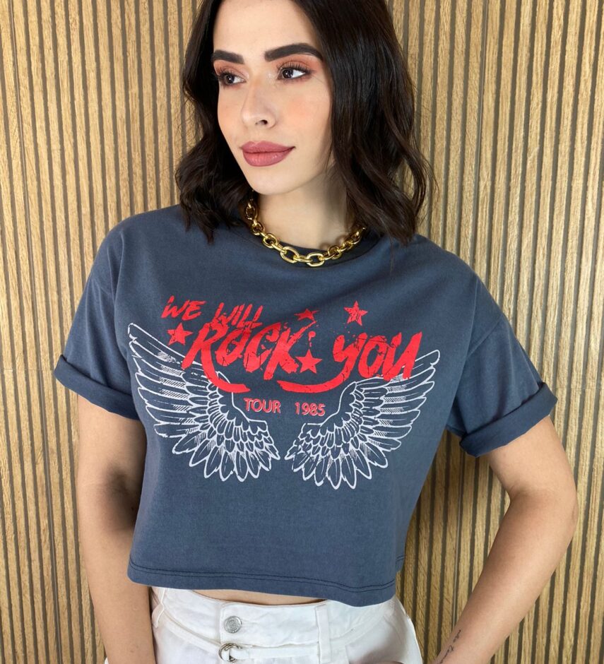Cropped Feminino sem Bojo Rock You Cinza Escuro - Fernanda Ramos Store