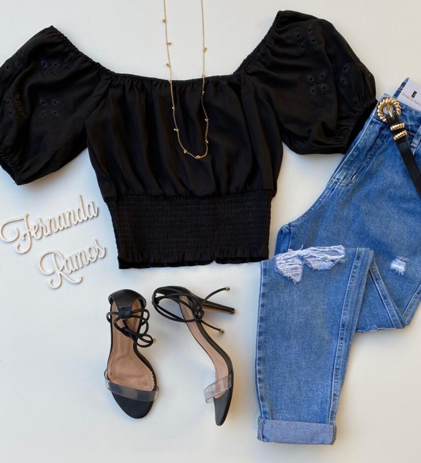 Cropped Ombro a Ombro com Lastex Detalhe na Manga Preto - Fernanda Ramos Store