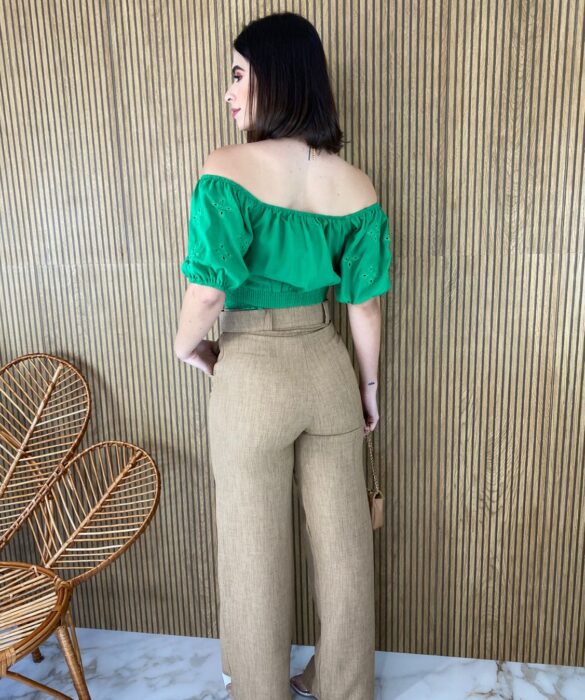 Cropped Ombro a Ombro com Lastex Detalhe na Manga Verde - Fernanda Ramos Store