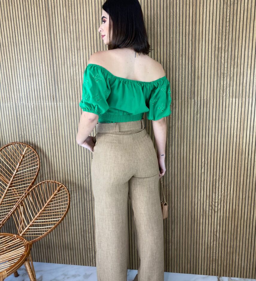Cropped Ombro a Ombro com Lastex Detalhe na Manga Verde - Fernanda Ramos Store