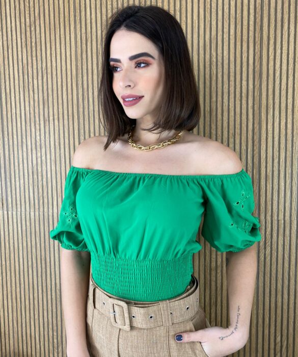 Cropped Ombro a Ombro com Lastex Detalhe na Manga Verde - Fernanda Ramos Store