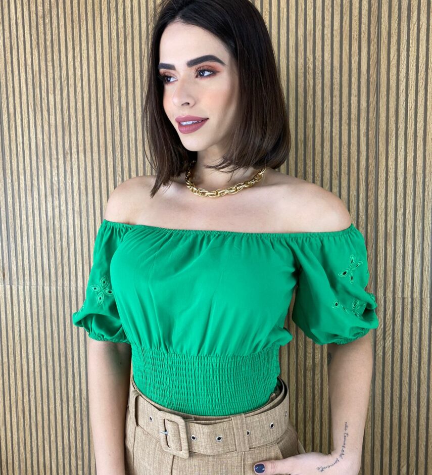Cropped Ombro a Ombro com Lastex Detalhe na Manga Verde - Fernanda Ramos Store