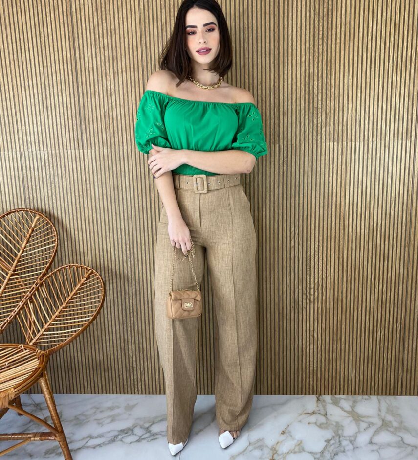 Cropped Ombro a Ombro com Lastex Detalhe na Manga Verde - Fernanda Ramos Store