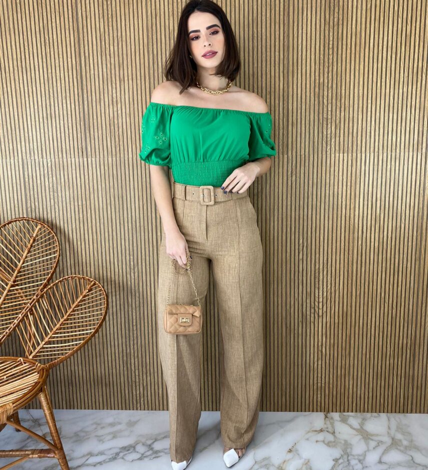 Cropped Ombro a Ombro com Lastex Detalhe na Manga Verde - Fernanda Ramos Store