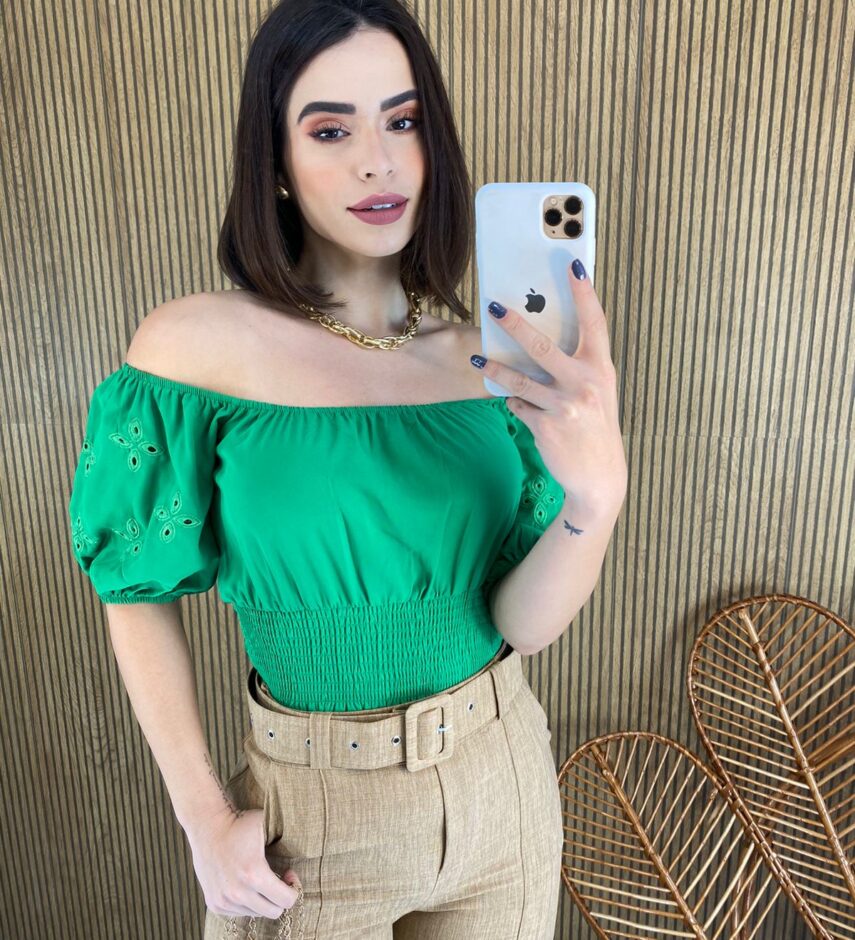 Cropped Ombro a Ombro com Lastex Detalhe na Manga Verde - Fernanda Ramos Store