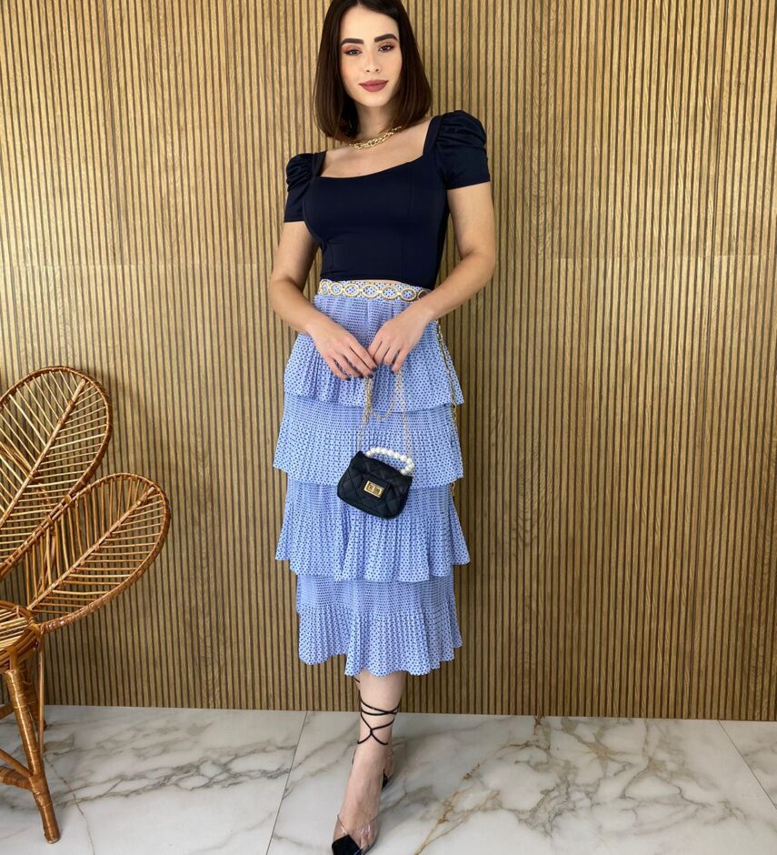 Saia Midi com Detalhe em Plissado Poá Lilás - Fernanda Ramos Store