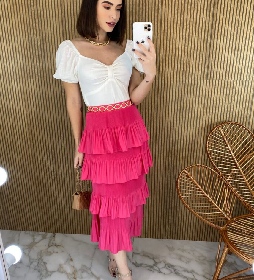 Saia Midi com Detalhe em Plissado Rosa - Fernanda Ramos Store
