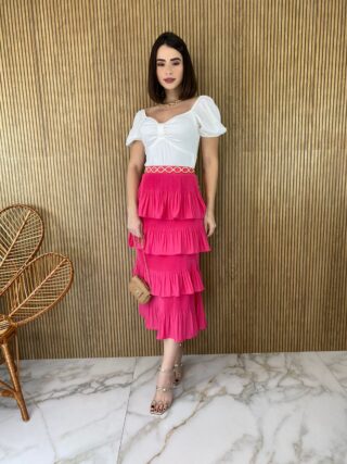 Saia Midi com Detalhe em Plissado Rosa - Fernanda Ramos Store