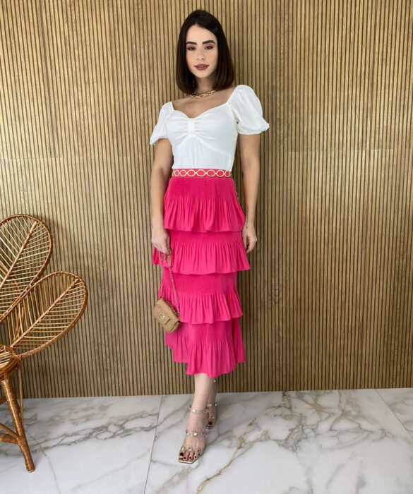 Saia Midi com Detalhe em Plissado Rosa - Fernanda Ramos Store