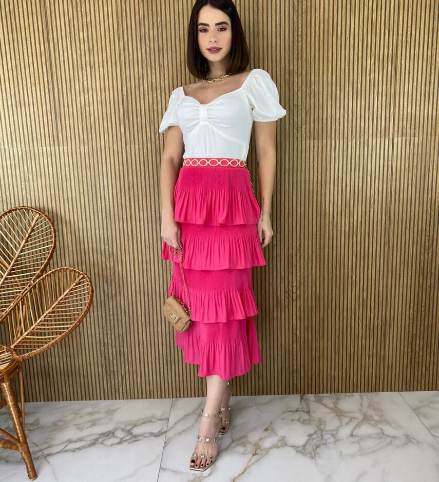 Saia Midi com Detalhe em Plissado Rosa - Fernanda Ramos Store
